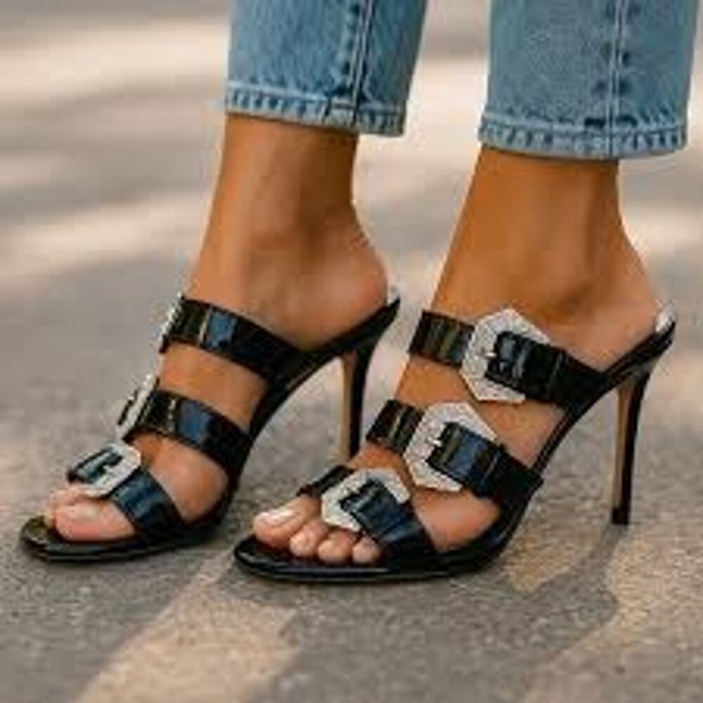 NIB GEDEBE 'Bruna' Patent Leather Embellished Stiletto Heel Sandals Size EU 36.5